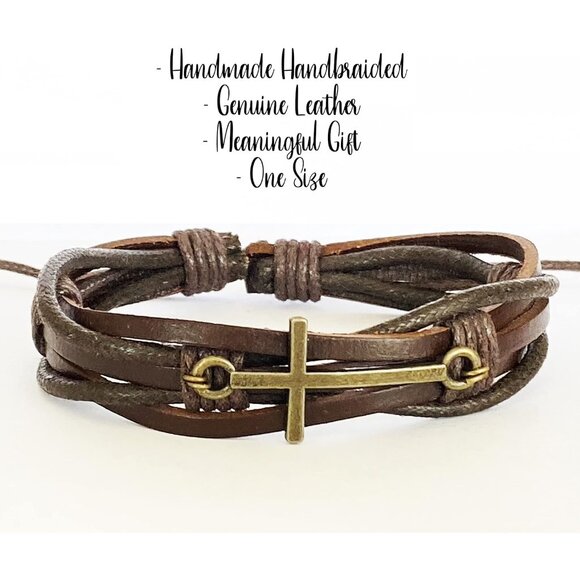 Unisex Brown Braided Leather Cross Faith Jewelry Adjustable Bracelet - Picture 3 of 5
